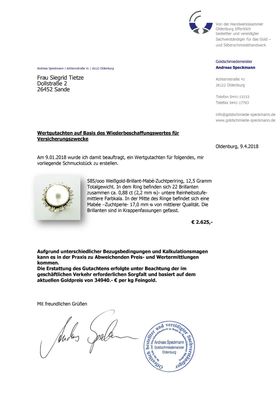 Weißgold Ring Klunker Mabe Perle Brillant Zertifikat 2625, - Euro 585 Gold