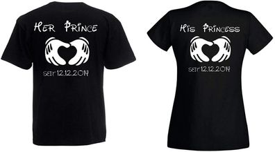 Blondie & Brownie Partner Pärchen T-Shirt Her Prince His Princess Wunschdatum
