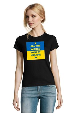 Blondie & Brownie Damen T-Shirt Logo Print All the World stand by Ukraine No War