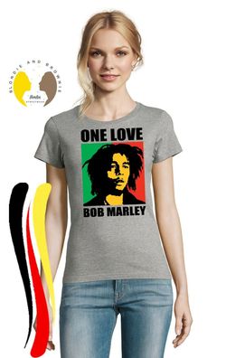 Blondie & Brownie Damen Fun T-Shirt One Love Bob Marley Weed Smoke 420 Gras