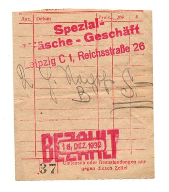 Alte Rechnung von 1932 Spezial Wäsche Geschäft Leipzig C1 Reichstrasse 26