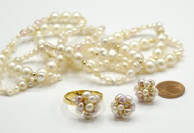 Perle Diamant Brillant Kette Ring Ohrstecker Ohrringe Set 585 Gold