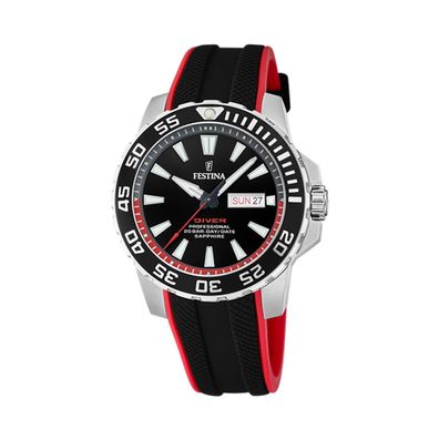 Festina Herren Uhr Diver F20662/3 Silikon Armband, Schwarz, Rot