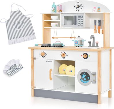 Kinderküche aus Holz, Spielküche inkl. 17 Zubehör, Spielzeugküche mit Mikrowelle