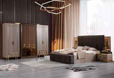 Komplette Schlafzimmermöbel Doppelbett Stoff Grau 5tlg Nachttische Neu