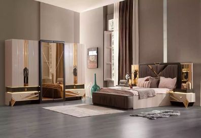 Schlafzimmerbett Doppelbett Beige Stoff Garnitur Set 5tlg Bett Luxus Sofa