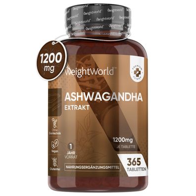 Ashwagandha Extrakt 1200mg - 365 Vegane Tabletten für 1 Jahr - Beruhigungstabletten