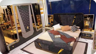 Doppelbett Modern Schlafzimmer Garnitur Luxus Blau Bett Set 4tlg Gold