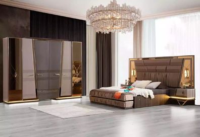 Doppelbett Modern Schlafzimmer Garnitur Luxus Gold Bett Set 4tlg Beige