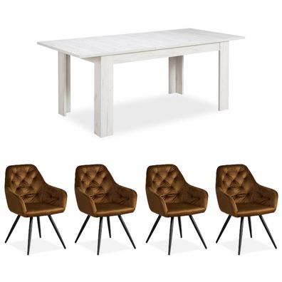 Essgruppe mit 4 Stühlen Samt Braun Esstisch Esszimmertisch Weiß Vintage Holztisch ...