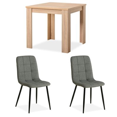 Essgruppe mit 2 Stühlen Leinen Polsterstühle Grau Esstisch Holz Natur 80x80 cm ...