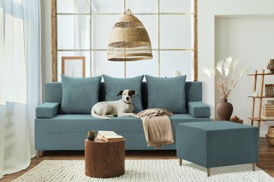 Couch FIREZE mit Puff 3in1 SATZ - Sofa mit Schlaffunktion und Bettkästen POSO