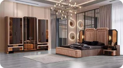 Komplette Schlafzimmermöbel Luxus Bett Set 4tlg Doppelbett Beige Stoff