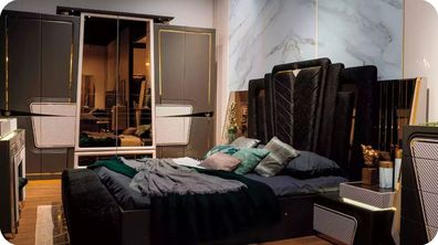 Schlafzimmermöbel Garnitur Luxus Doppelbett Bett Set 5tlg Schwarz Betten