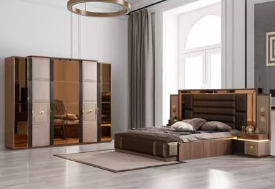 Doppelbett Schlafzimmer Garnitur Bett Set 4tlg Bank Braun Nachttische