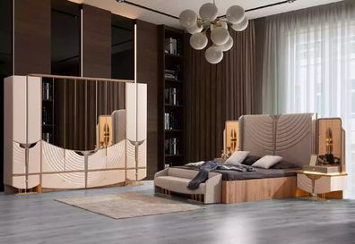 Doppelbett Modern Schlafzimmer Garnitur Bett Set 5tlg Gold Beige Stoff