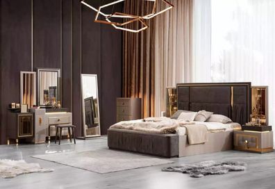 Garnitur Luxuriöse Doppelbett Schlafzimmer Möbel Bett Grau 7tlg Set