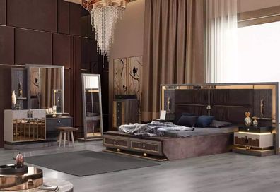 Schlafzimmer Komplette Doppelbett Set 6tlg Braun Stoff Bett Moderne Konsole