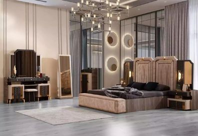 Komplette Groß Schlafzimmermöbel Luxus Doppelbett Stoff Beige 7tlg