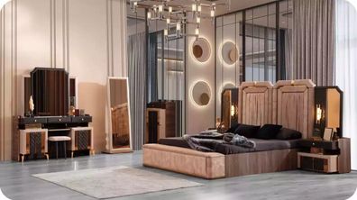 Luxus Garnitur Doppelbett Set 6tlg Beige Stoff Bett mit Bettkasten Schlafzimmer
