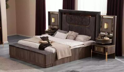 Schlafzimmer Betten Doppelbett Grau Stoff Garnitur Set 4tlg Bett Luxus