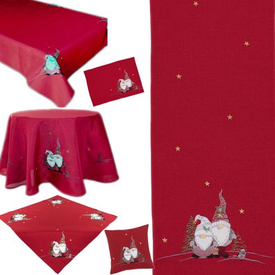 Tischdecke Tischläufer Deckchen Kissen Wichtel Rot Weihnachtsdekoration Bestickt