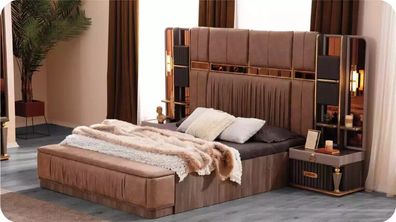 Schlafzimmer Garnitur Luxus Doppelbett Bettkasten Bett Set 3tlg Beige