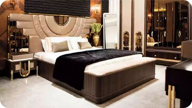 Luxuriöse Doppelbett Beige Stoff Bett Set 4tlg Schlafzimmer Garnitur Betten
