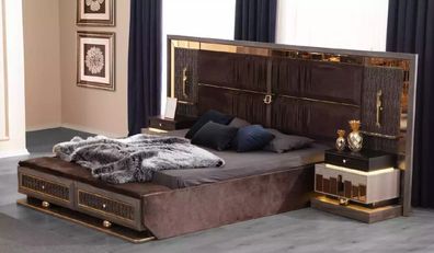 Gruppe Bett Braun Set 4tlg Schlafzimmer Doppelbett Stoff Nachttische