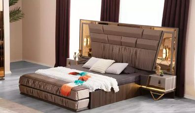 Schlafzimmer Gruppe Bett Set 3tlg Doppelbett Beige Stoff Nachttische
