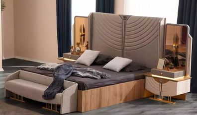 Doppelbett Schlafzimmer Garnitur Bett Set 4tlg Bank Beige Nachttische