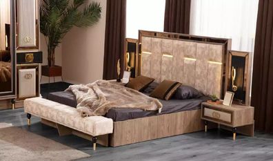 Schlafzimmerbett Doppelbett Beige Stoff Nachttische Set 3tlg Bett Neu