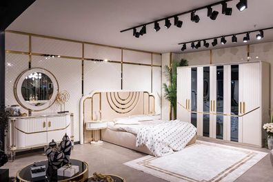 Schlafzimmer Set Luxus Bett 2x Nachttisch Kleiderschrank Kommode mit Spegel 5tlg