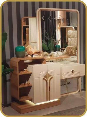 Design Schminktisch Spiegel Beige Konsoletisch Luxus Schlafzimmer