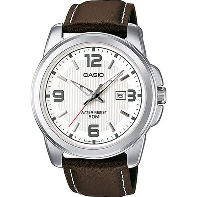 Casio Herren Uhr MTP-1314PL-7AVEF Leder dunkelbraun mit weißer Naht, Quarz