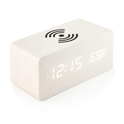 Digitaler Wecker aus Holz mit kabelloser Aufladung, 3 Alarme, LED, weißes Holz