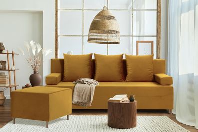 Couch FIREZE mit Puff 3in1 SATZ - Sofa mit Schlaffunktion und Bettkästen KRONOS