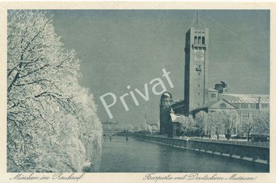 Foto Postkarte Ansicht München Isar Deutsches Museum Winter um 1930 Bayern H1.72