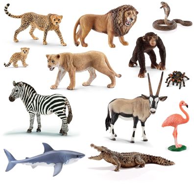 Schleich - Tierfiguren - Afrika-Set mit 12 Tieren Löwe Antilope Zebra Hai Affe