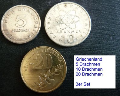 5 + 10 + 20 Drachmen Set griechische Umlauf Münze Währung vor € Einführung