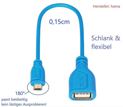 Hama Micro USB Adapter auf USB Buchse Silikon Kabel für Handy & Tablet geeignet