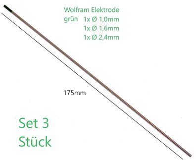 grüne Wolfram Elektrode 3er Set Ø 1,0mm 1,6mm 2,4mm