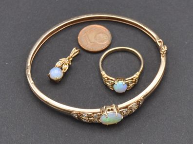 Rotgold Set Armreif Ring Anhänger Voll Opal Diamant Unikat 585 Gold