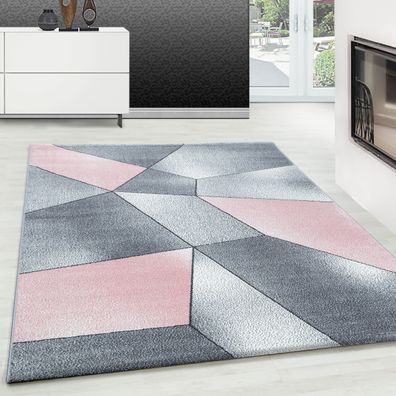 Designer Teppich Modern Kurzflor Abstrakt Geometrisches Design Grau Pink Weiß