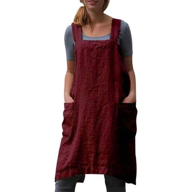 Baumwoll-Leinen-Schürze, Kreuz-Rücken-Schürze für Damen mit Taschen, Rot