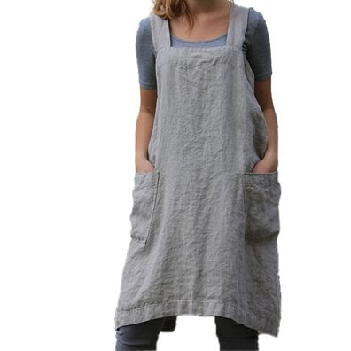 Baumwoll-Leinen-Schürze, Kreuz-Rücken-Schürze für Damen mit Taschen, Grau