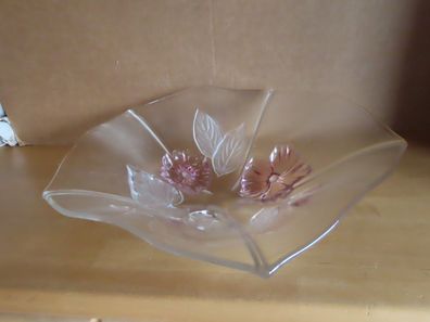 Schale Obstschale Glasschale mit zwei rosa Blumen ca. 8,5 cm hoch