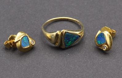 Set Ohrringe Ring Boulder Opal Solitär Diamant Unikat 585 Gold Handarbeit