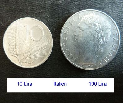 10 Lira + 100 Lira italienische Umlauf Münzen Währung vor dem €
