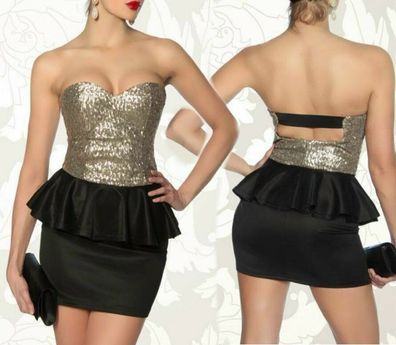 SeXy Miss Damen Bandeau Peplum Mini Kleid Pailletten S 34 M 36 L 38 schwarz gold